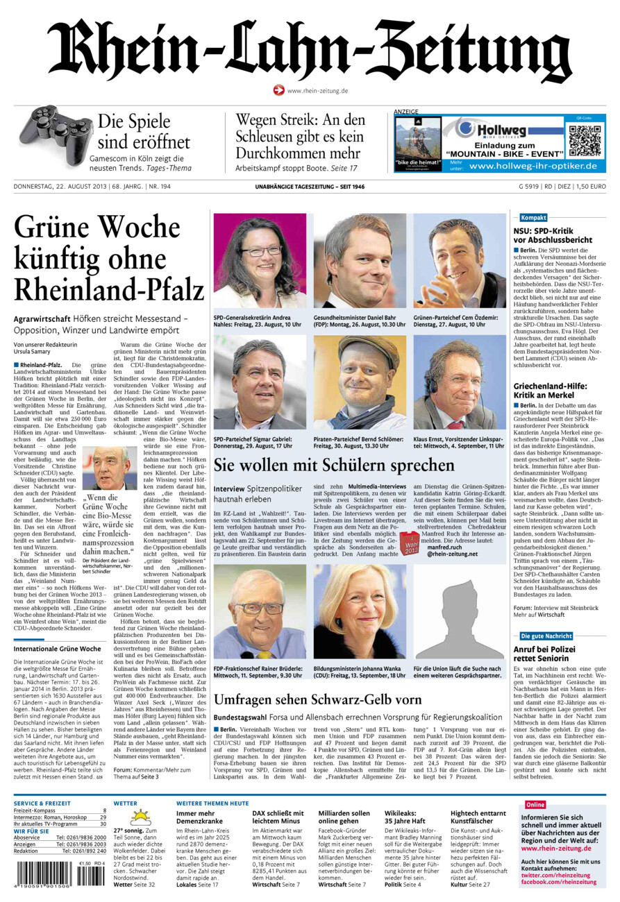 Rhein-Lahn-Zeitung Diez (Archiv) vom Donnerstag, 22.08.2013