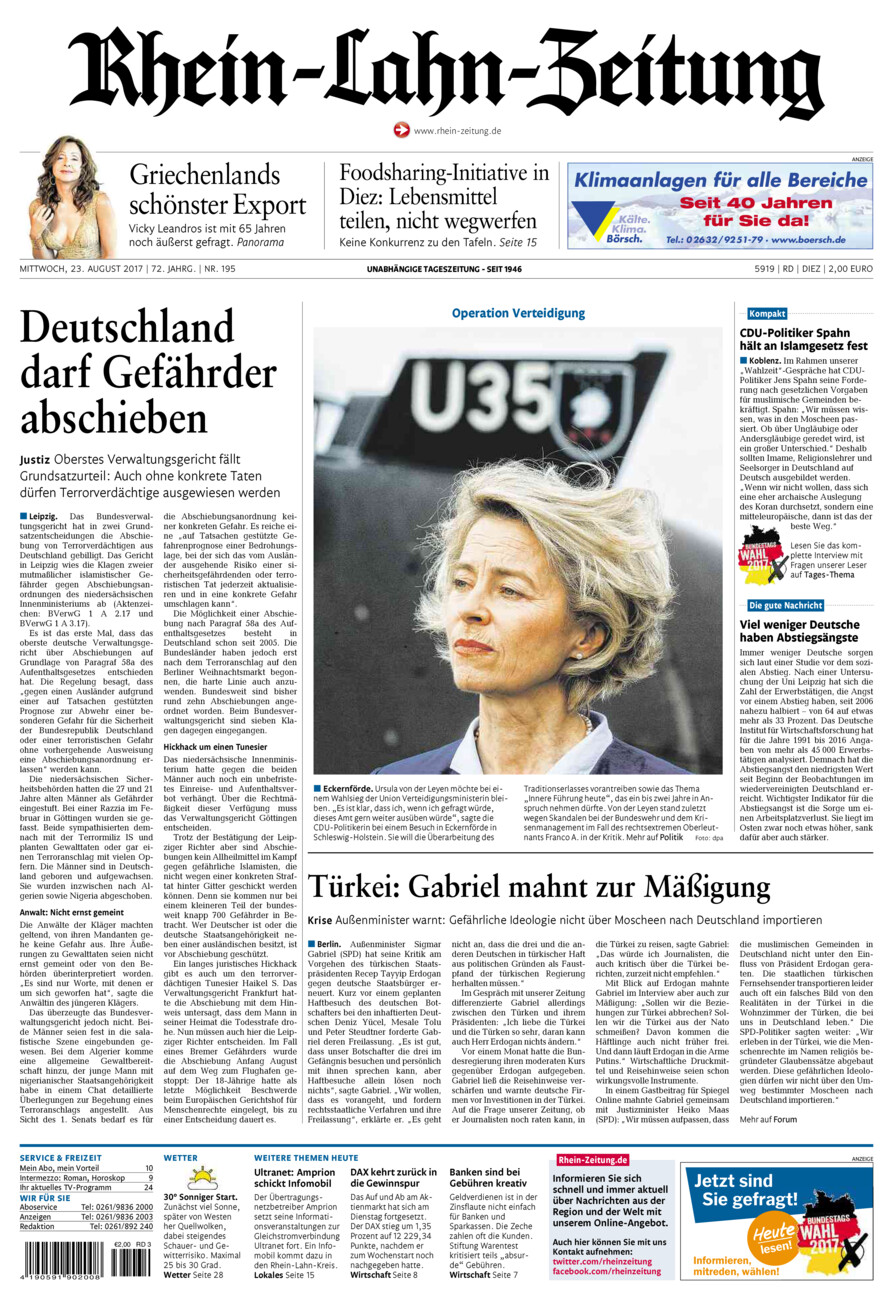 Rhein-Lahn-Zeitung Diez (Archiv) vom Mittwoch, 23.08.2017
