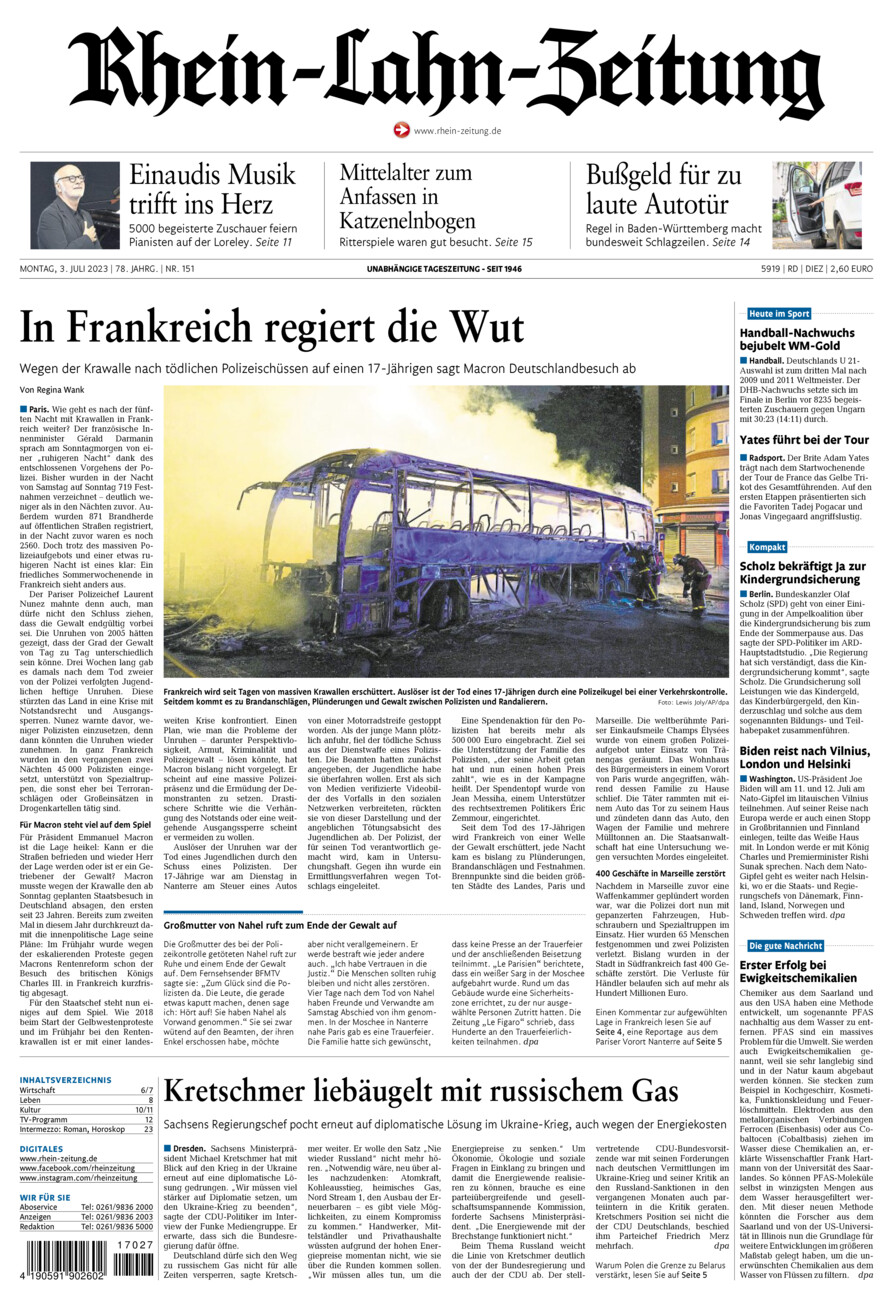 Rhein-Lahn-Zeitung Diez (Archiv) vom Montag, 03.07.2023