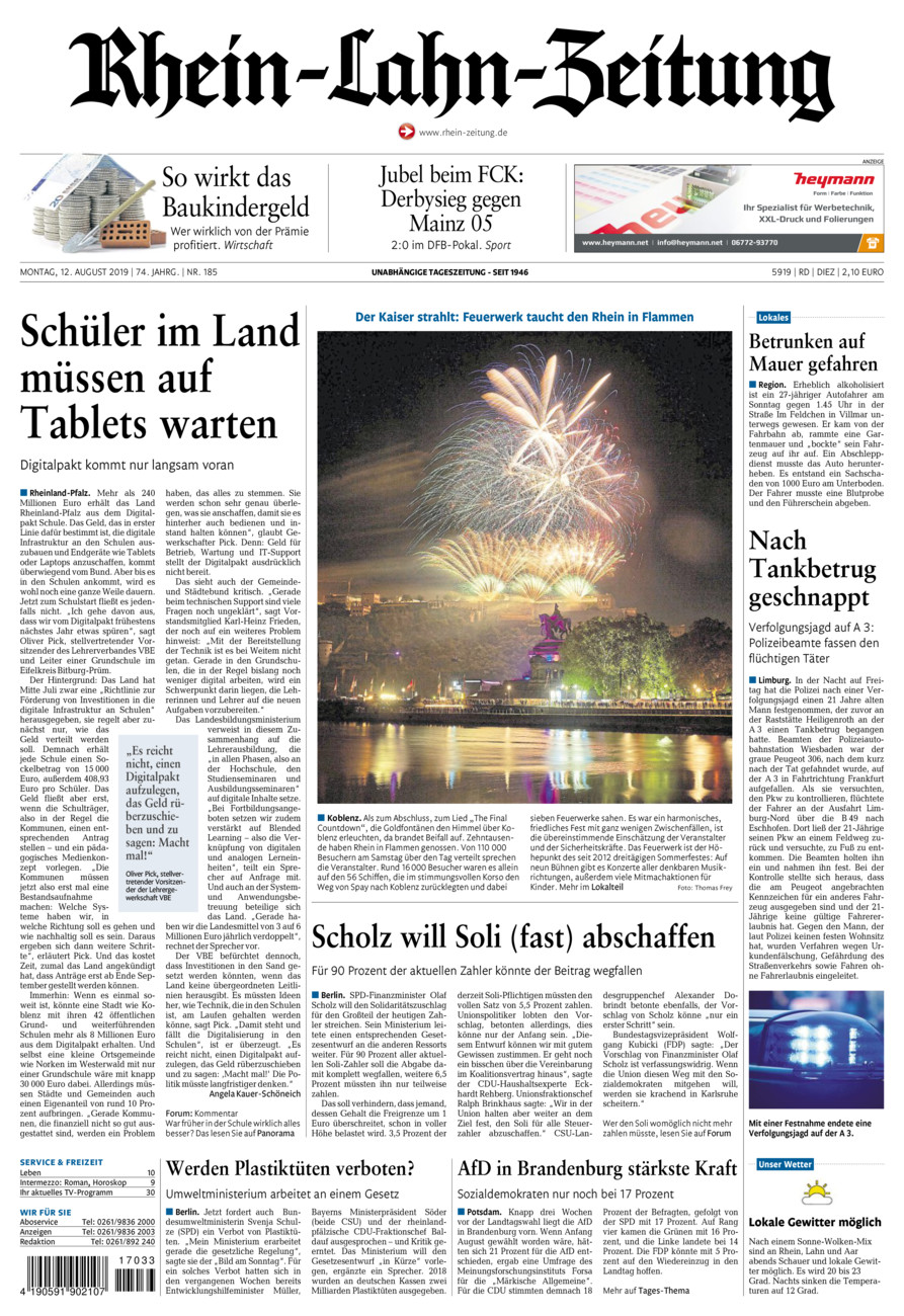 Rhein-Lahn-Zeitung Diez (Archiv) vom Montag, 12.08.2019