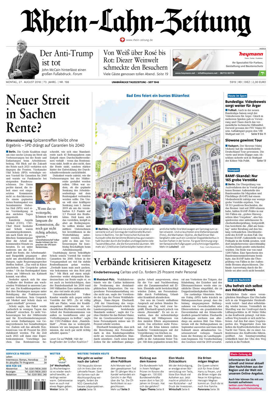 Rhein-Lahn-Zeitung Diez (Archiv) vom Montag, 27.08.2018