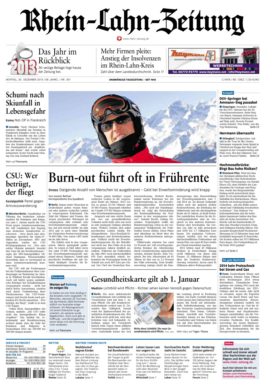Rhein-Lahn-Zeitung Diez (Archiv) vom Montag, 30.12.2013
