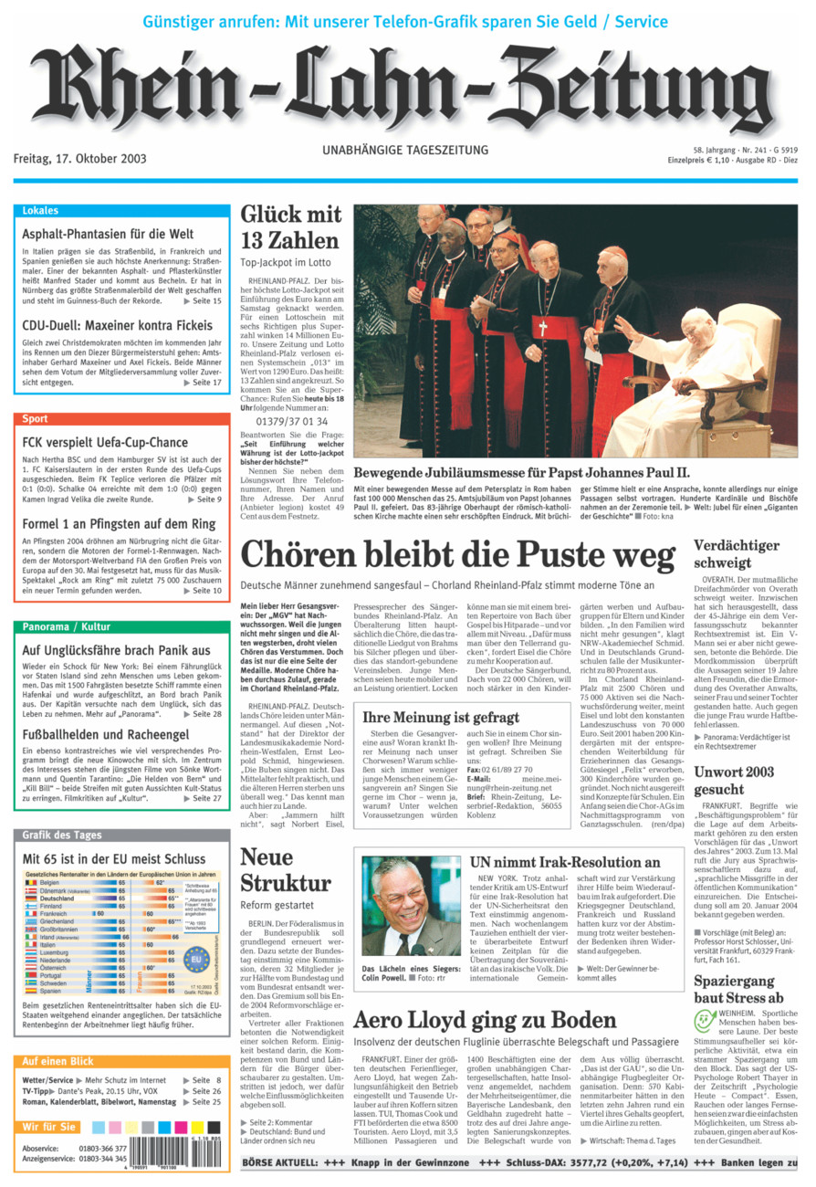 Rhein-Lahn-Zeitung Diez (Archiv) vom Freitag, 17.10.2003