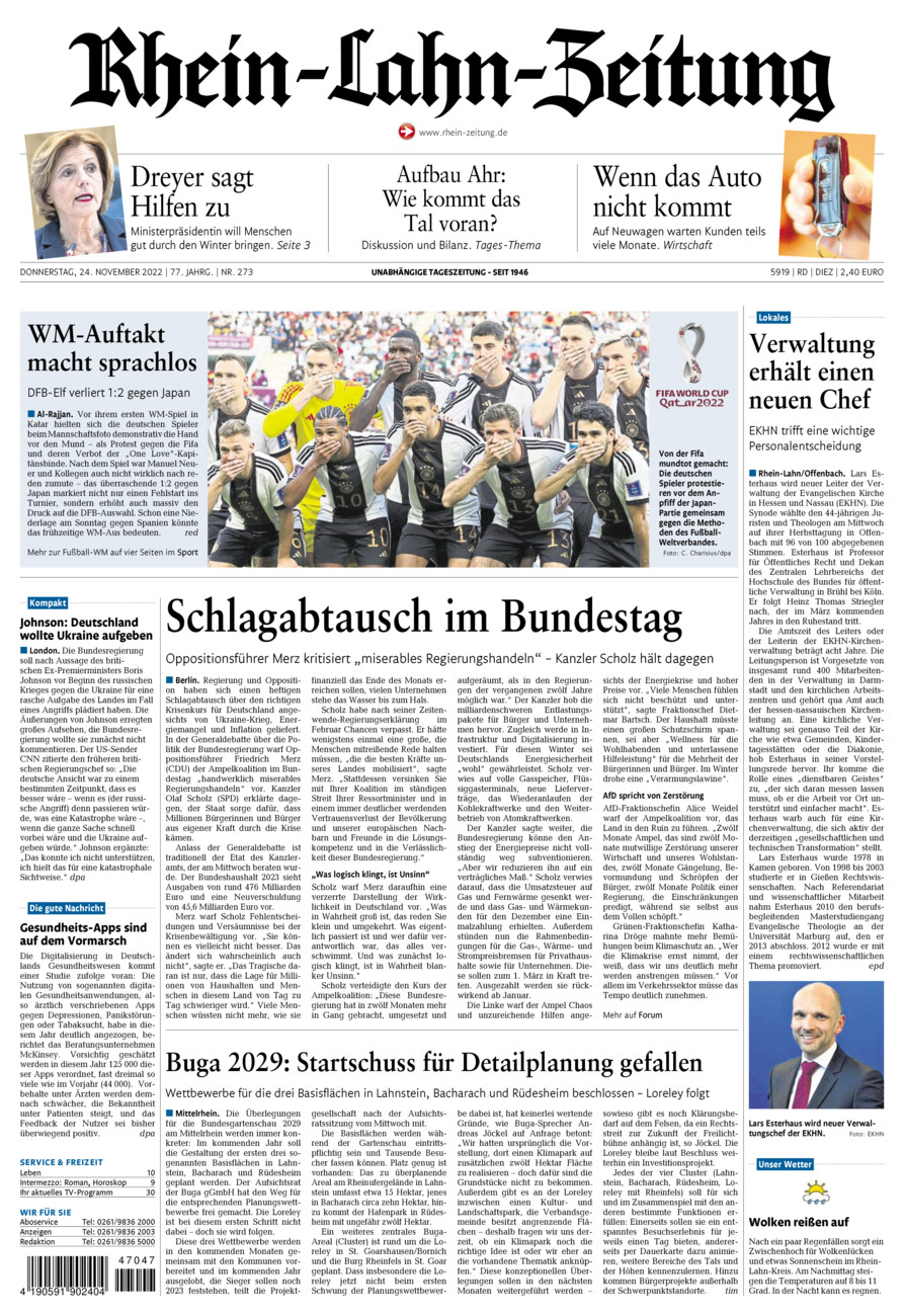 Rhein-Lahn-Zeitung Diez (Archiv) vom Donnerstag, 24.11.2022