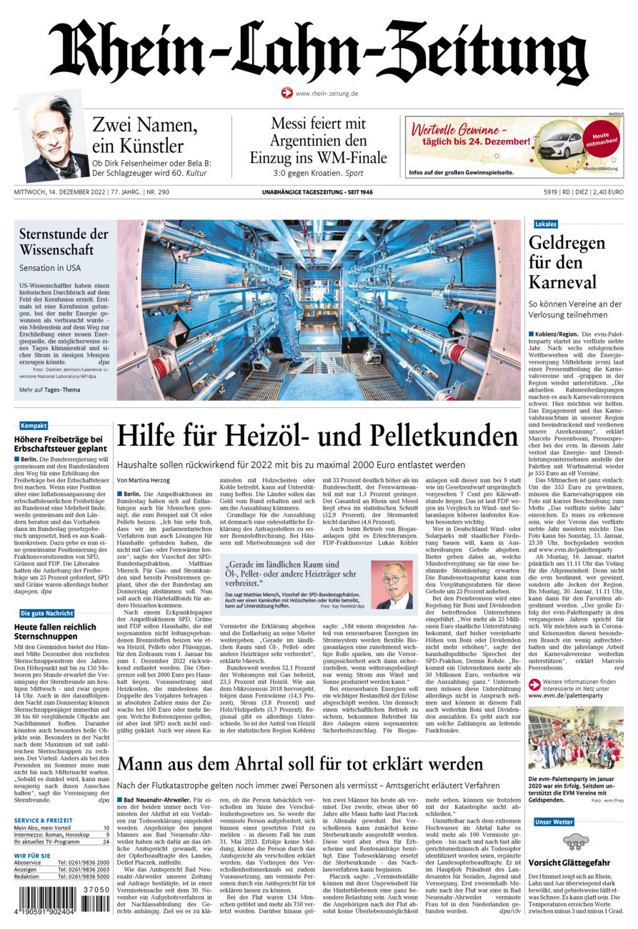 Rhein-Lahn-Zeitung Diez (Archiv) vom Mittwoch, 14.12.2022