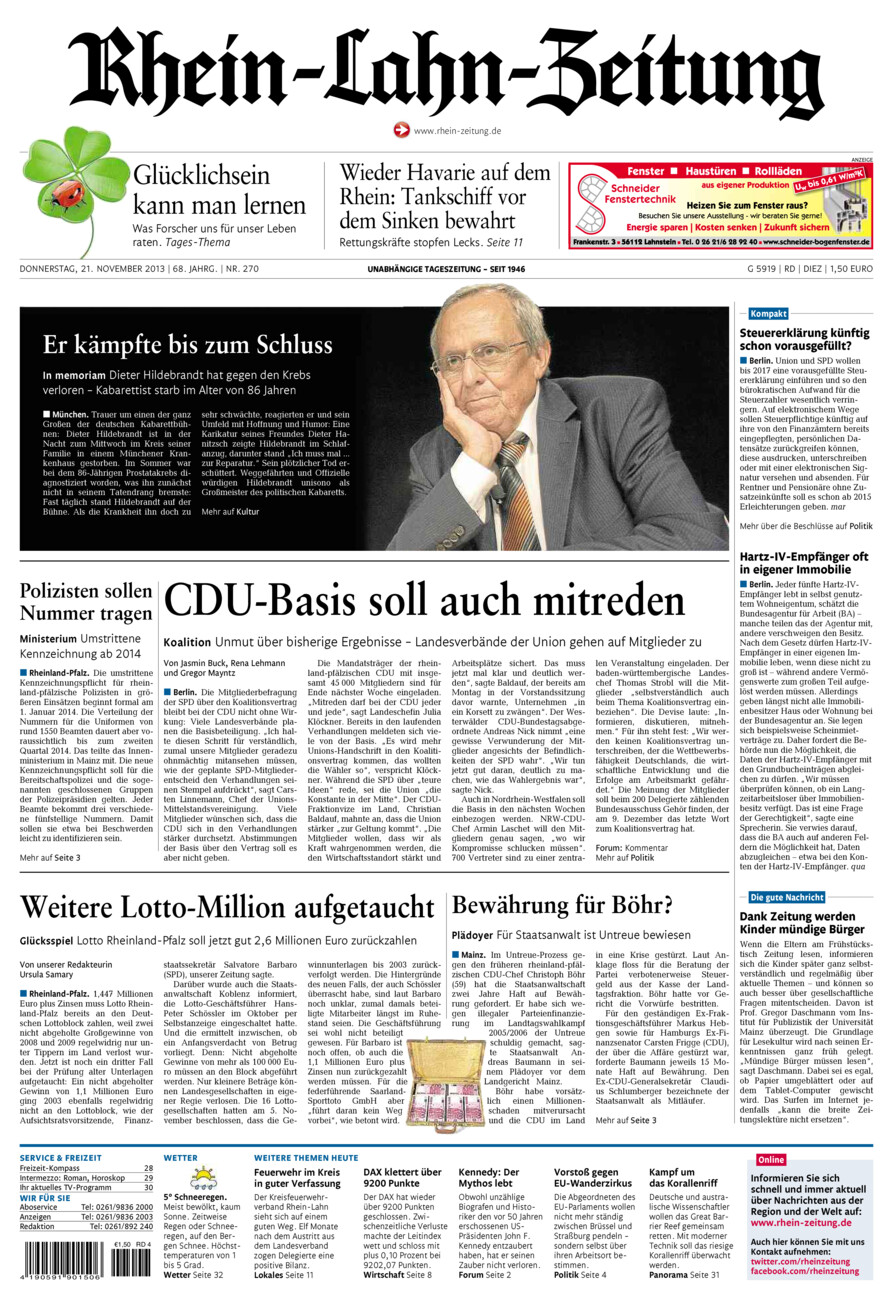 Rhein-Lahn-Zeitung Diez (Archiv) vom Donnerstag, 21.11.2013