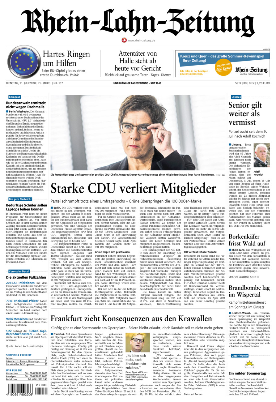 Rhein-Lahn-Zeitung Diez (Archiv) vom Dienstag, 21.07.2020