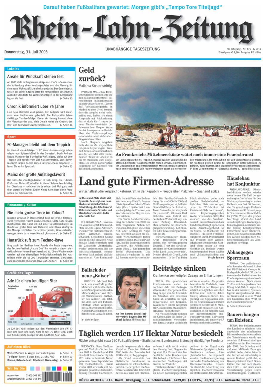 Rhein-Lahn-Zeitung Diez (Archiv) vom Donnerstag, 31.07.2003
