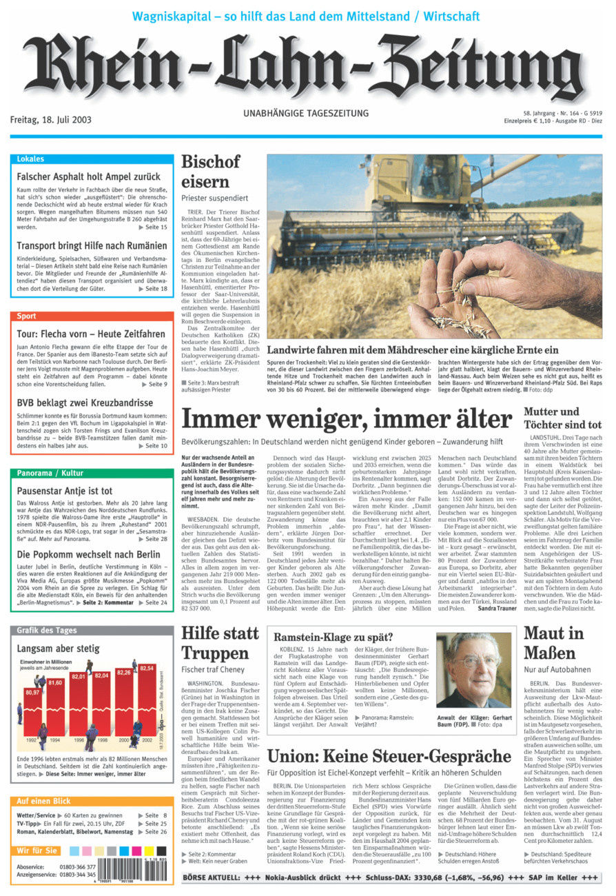 Rhein-Lahn-Zeitung Diez (Archiv) vom Freitag, 18.07.2003