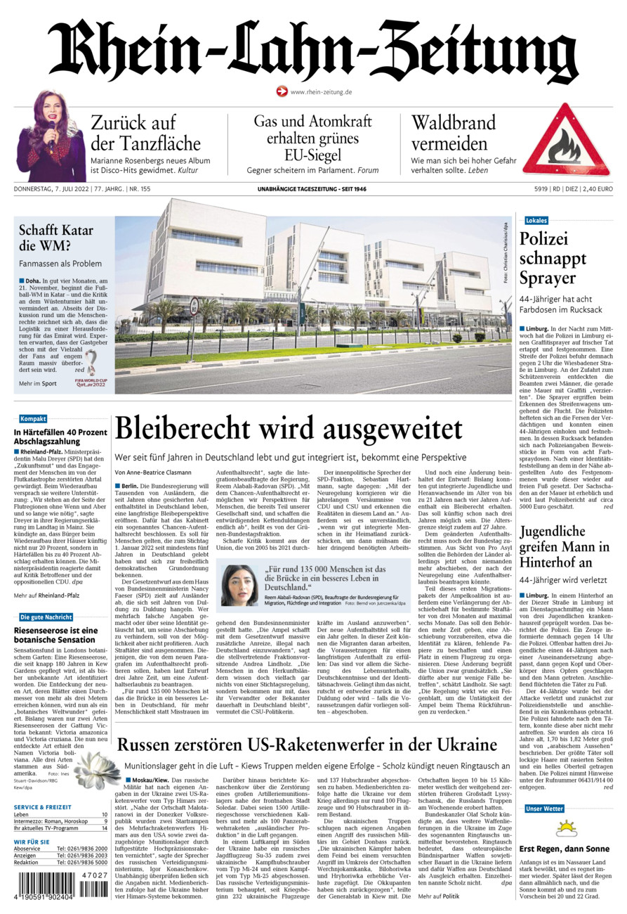 Rhein-Lahn-Zeitung Diez (Archiv) vom Donnerstag, 07.07.2022