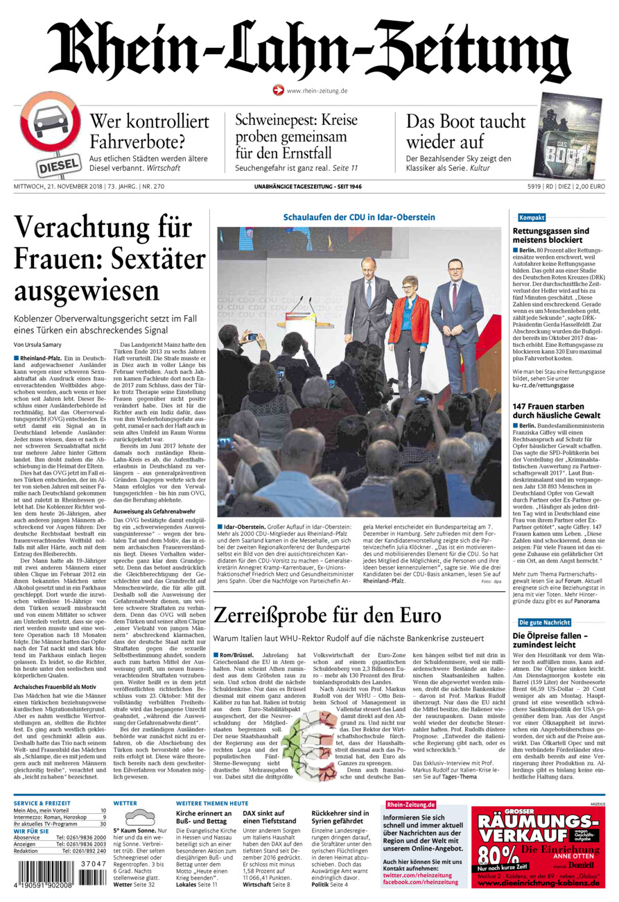Rhein-Lahn-Zeitung Diez (Archiv) vom Mittwoch, 21.11.2018