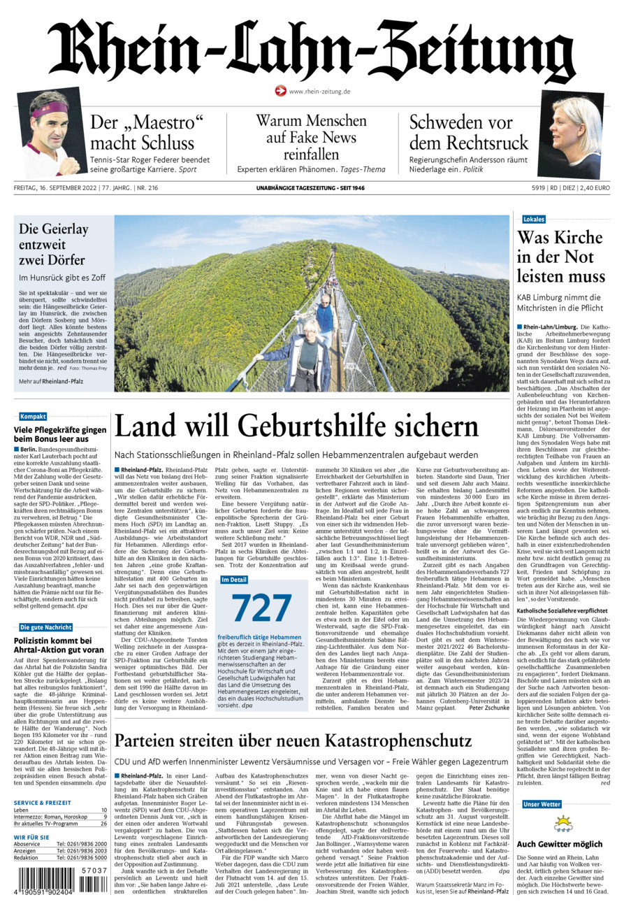 Rhein-Lahn-Zeitung Diez (Archiv) vom Freitag, 16.09.2022