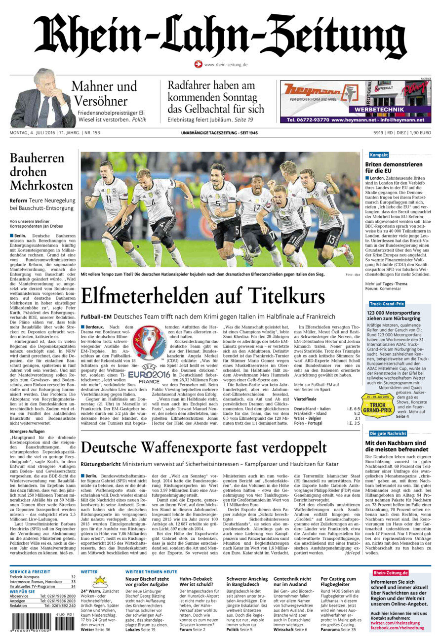Rhein-Lahn-Zeitung Diez (Archiv) vom Montag, 04.07.2016