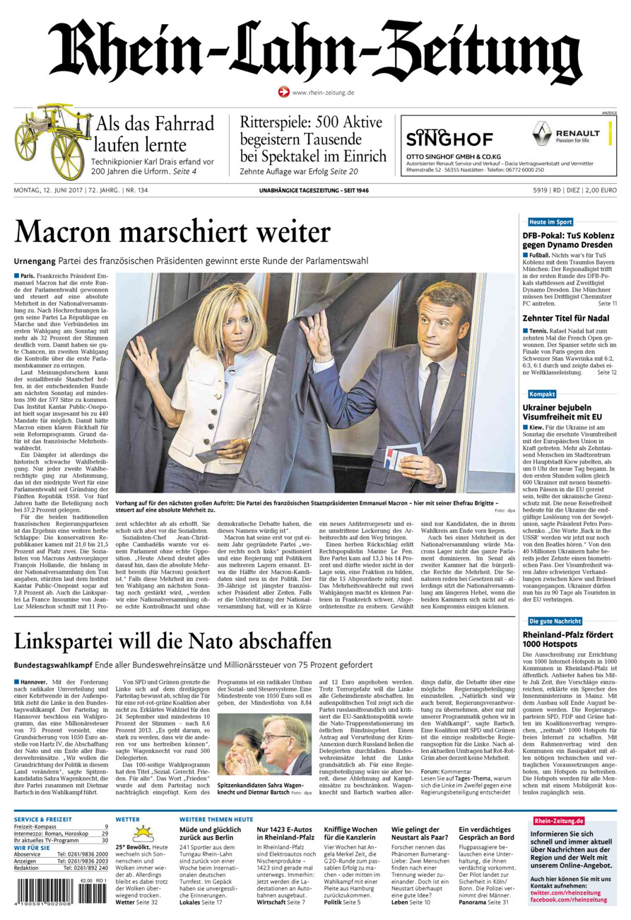 Rhein-Lahn-Zeitung Diez (Archiv) vom Montag, 12.06.2017