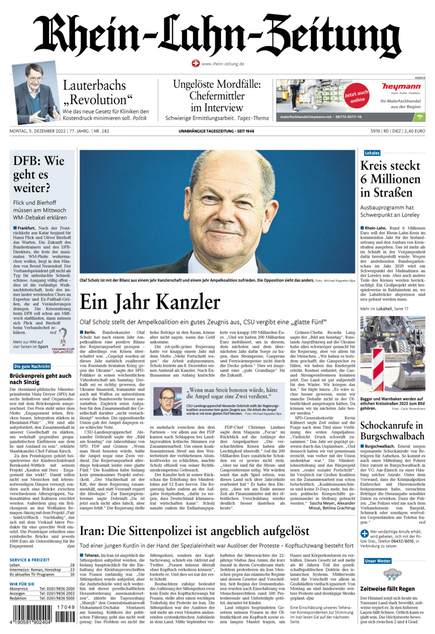 Rhein-Lahn-Zeitung Diez (Archiv) vom Montag, 05.12.2022