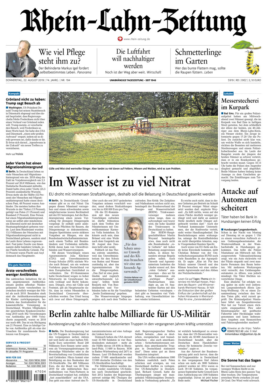 Rhein-Lahn-Zeitung Diez (Archiv) vom Donnerstag, 22.08.2019