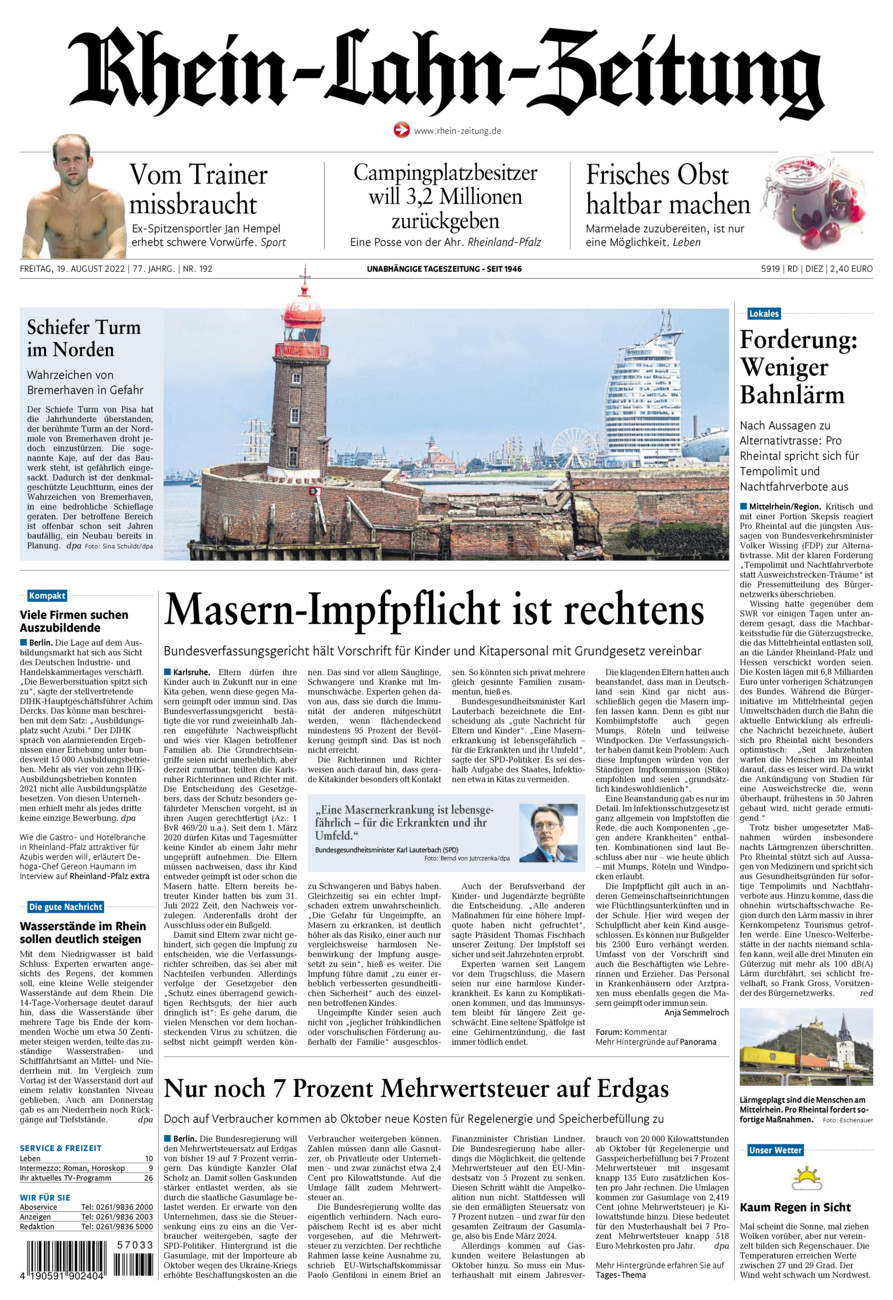 Rhein-Lahn-Zeitung Diez (Archiv) vom Freitag, 19.08.2022