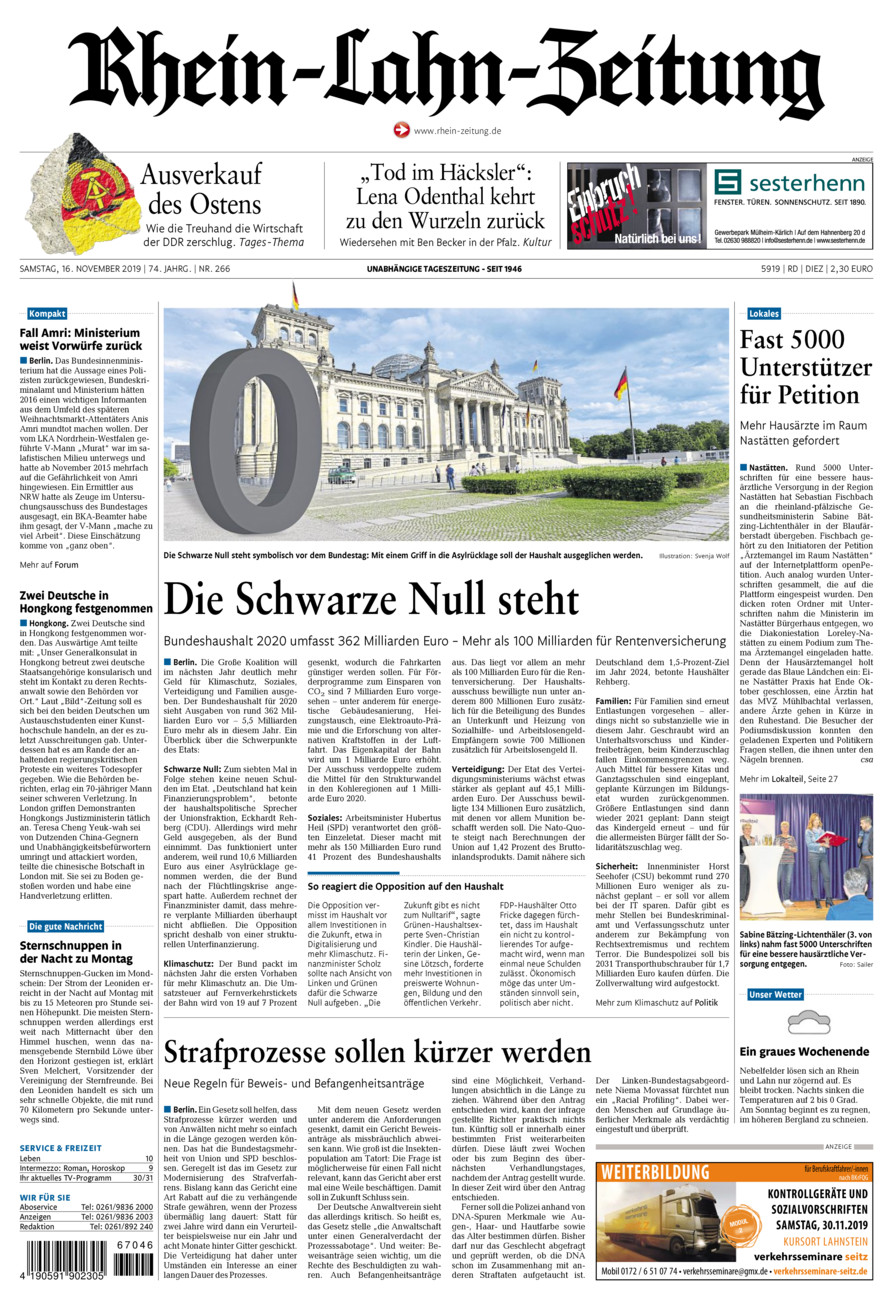Rhein-Lahn-Zeitung Diez (Archiv) vom Samstag, 16.11.2019