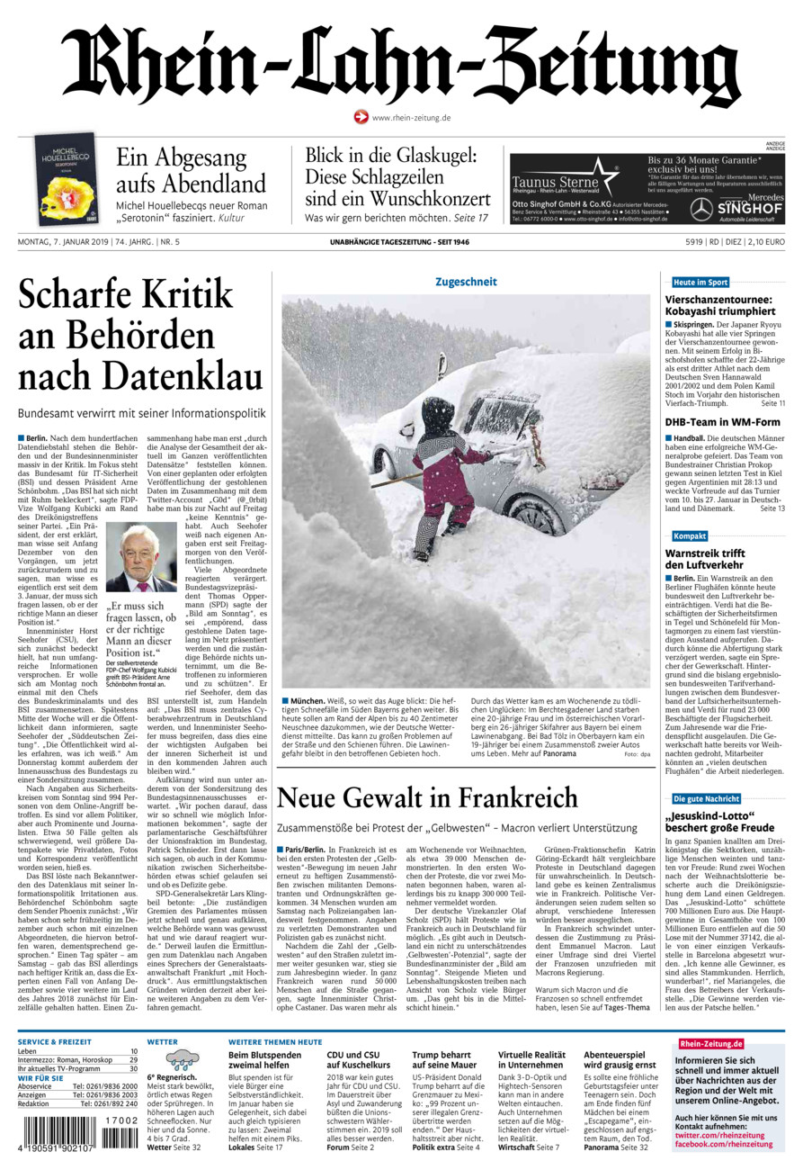 Rhein-Lahn-Zeitung Diez (Archiv) vom Montag, 07.01.2019