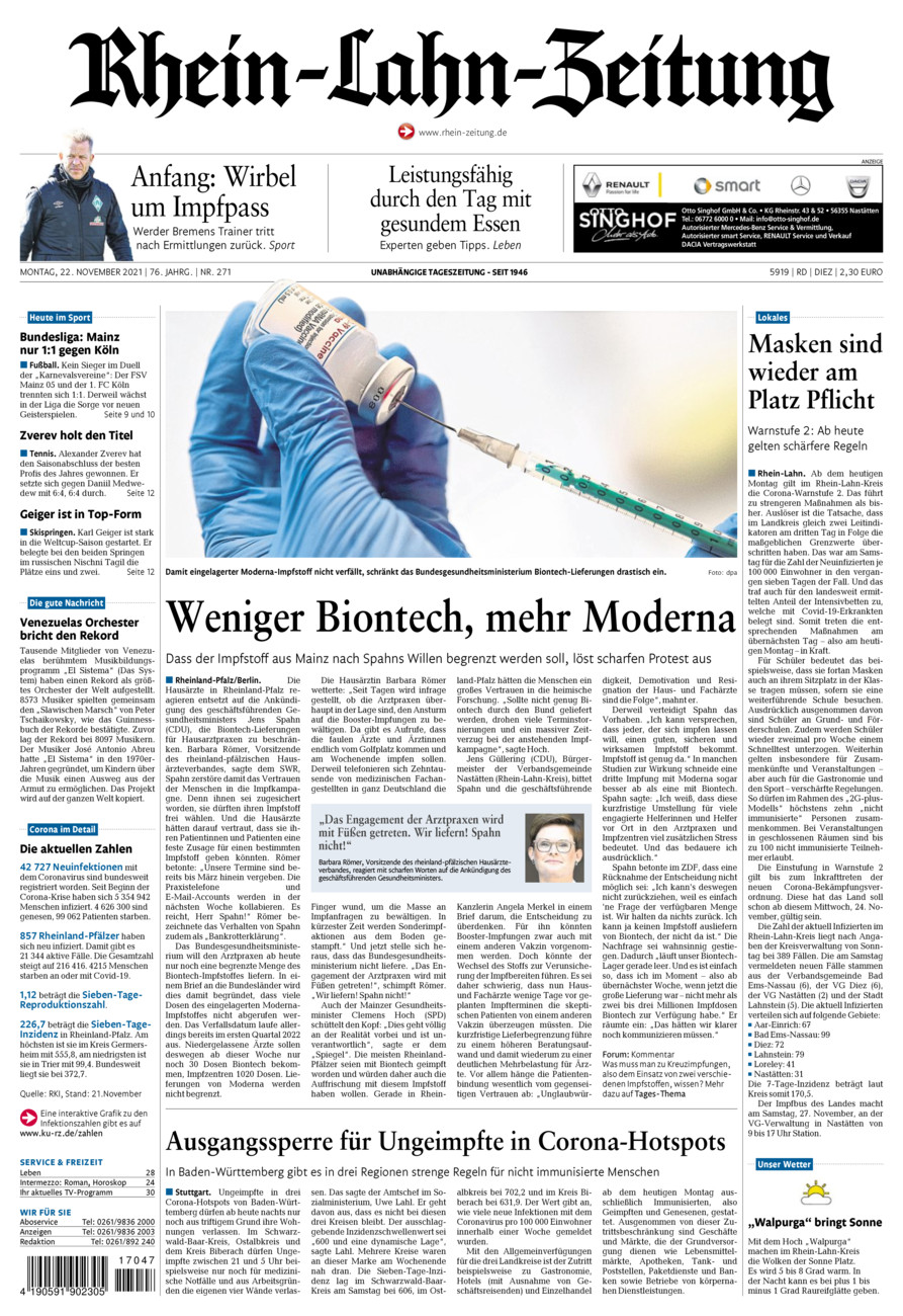 Rhein-Lahn-Zeitung Diez (Archiv) vom Montag, 22.11.2021