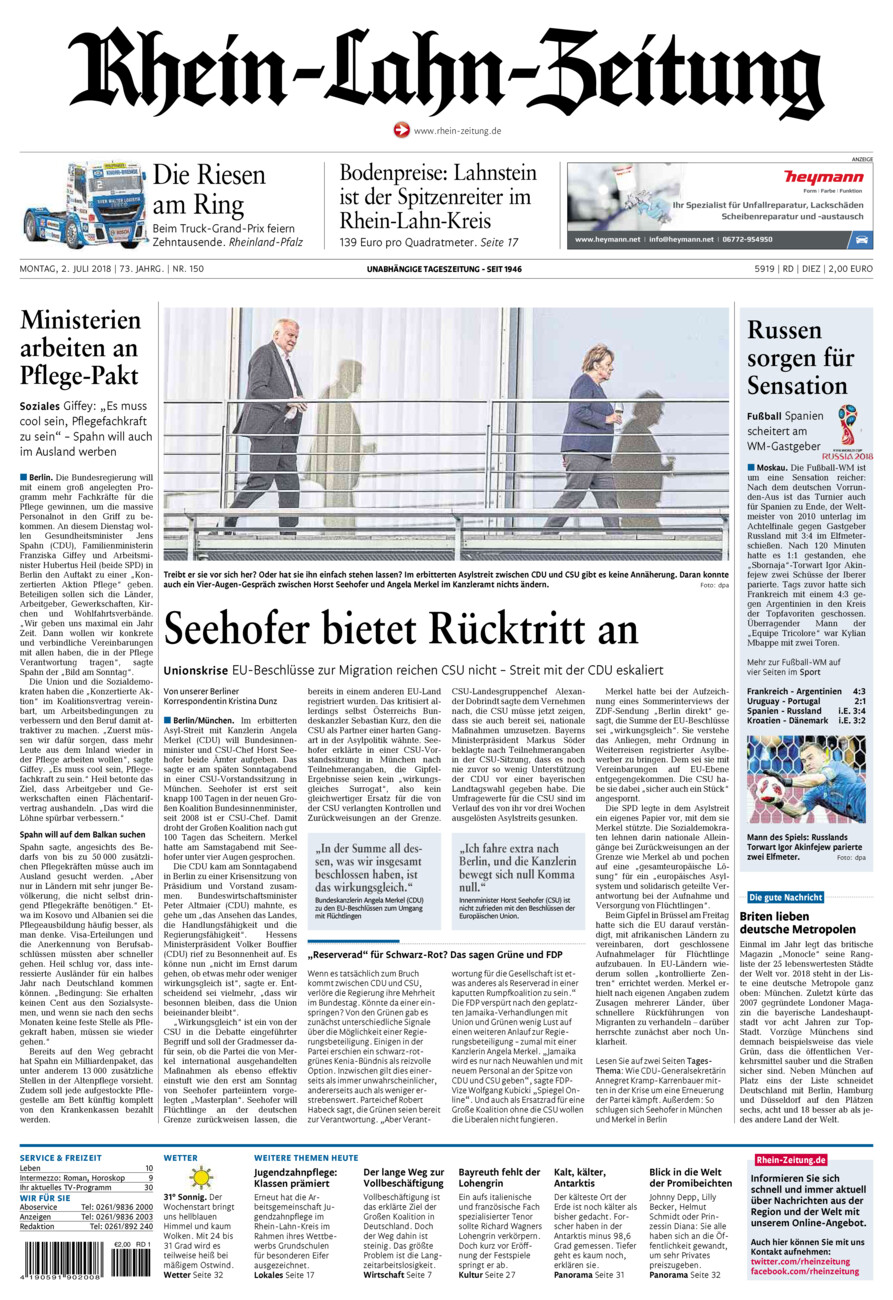 Rhein-Lahn-Zeitung Diez (Archiv) vom Montag, 02.07.2018