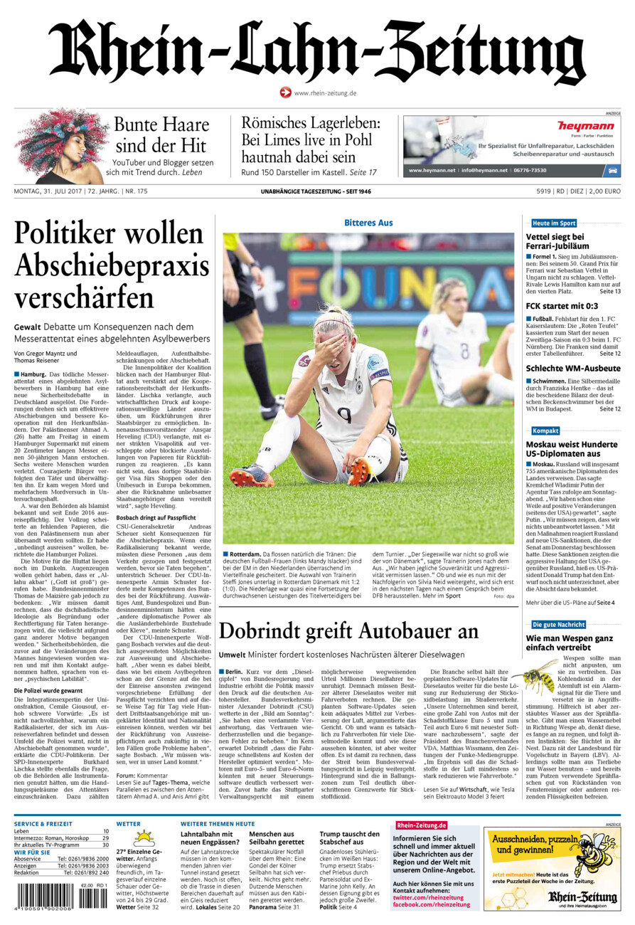 Rhein-Lahn-Zeitung Diez (Archiv) vom Montag, 31.07.2017