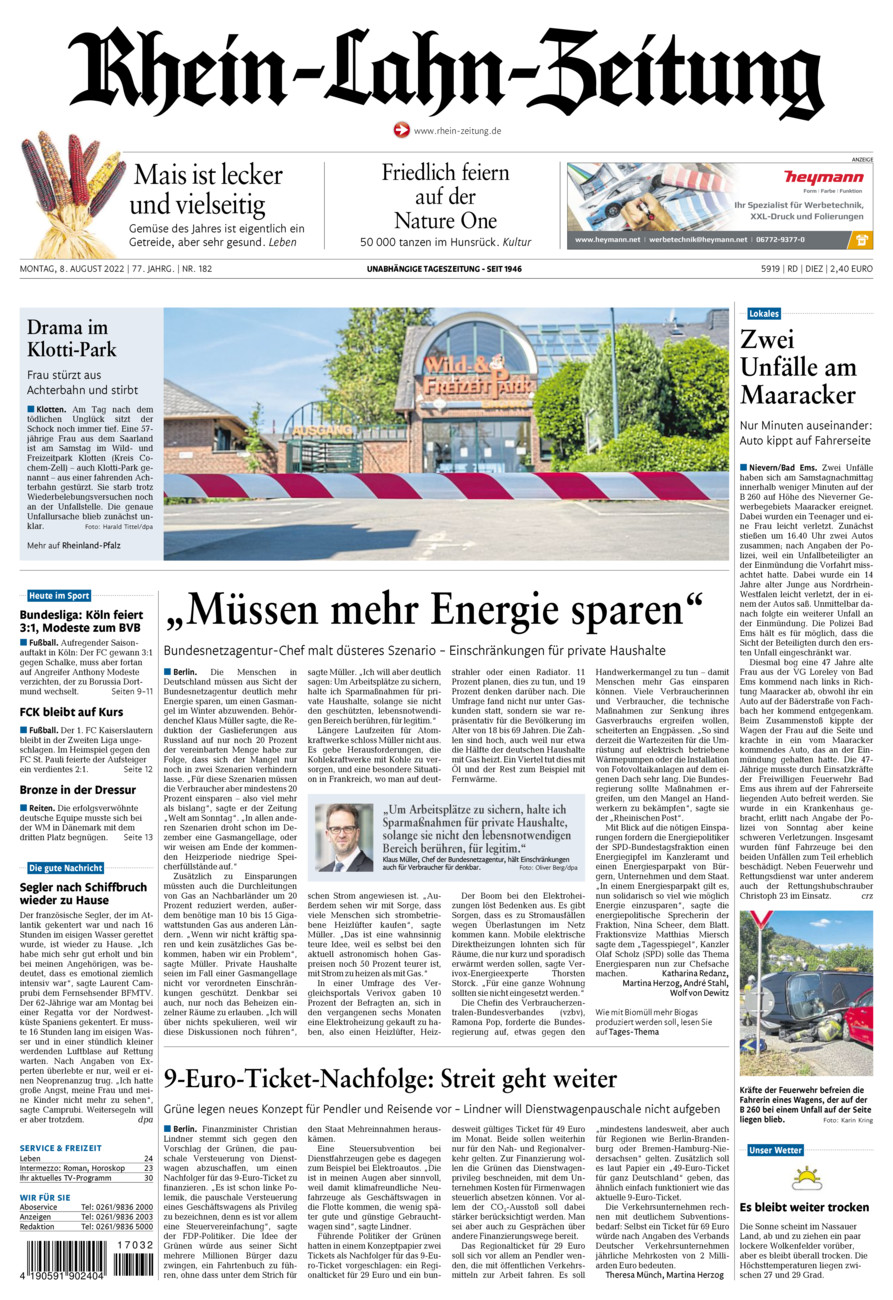 Rhein-Lahn-Zeitung Diez (Archiv) vom Montag, 08.08.2022