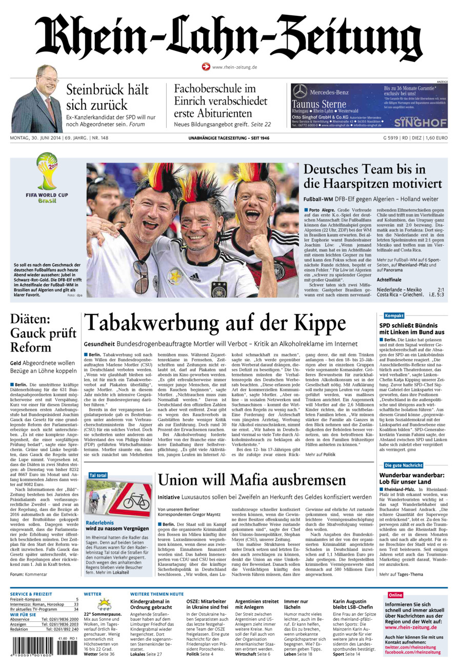 Rhein-Lahn-Zeitung Diez (Archiv) vom Montag, 30.06.2014
