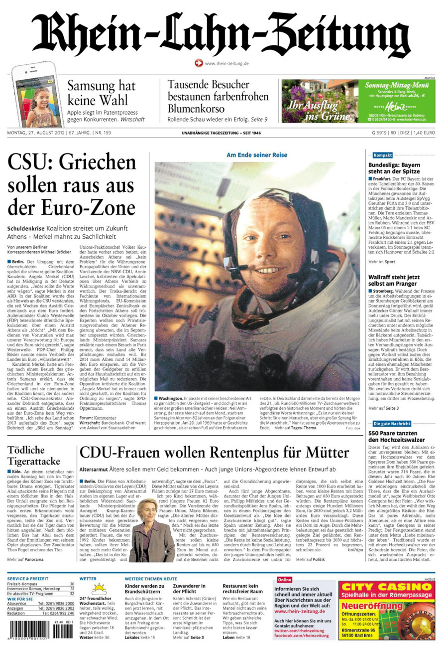 Rhein-Lahn-Zeitung Diez (Archiv) vom Montag, 27.08.2012