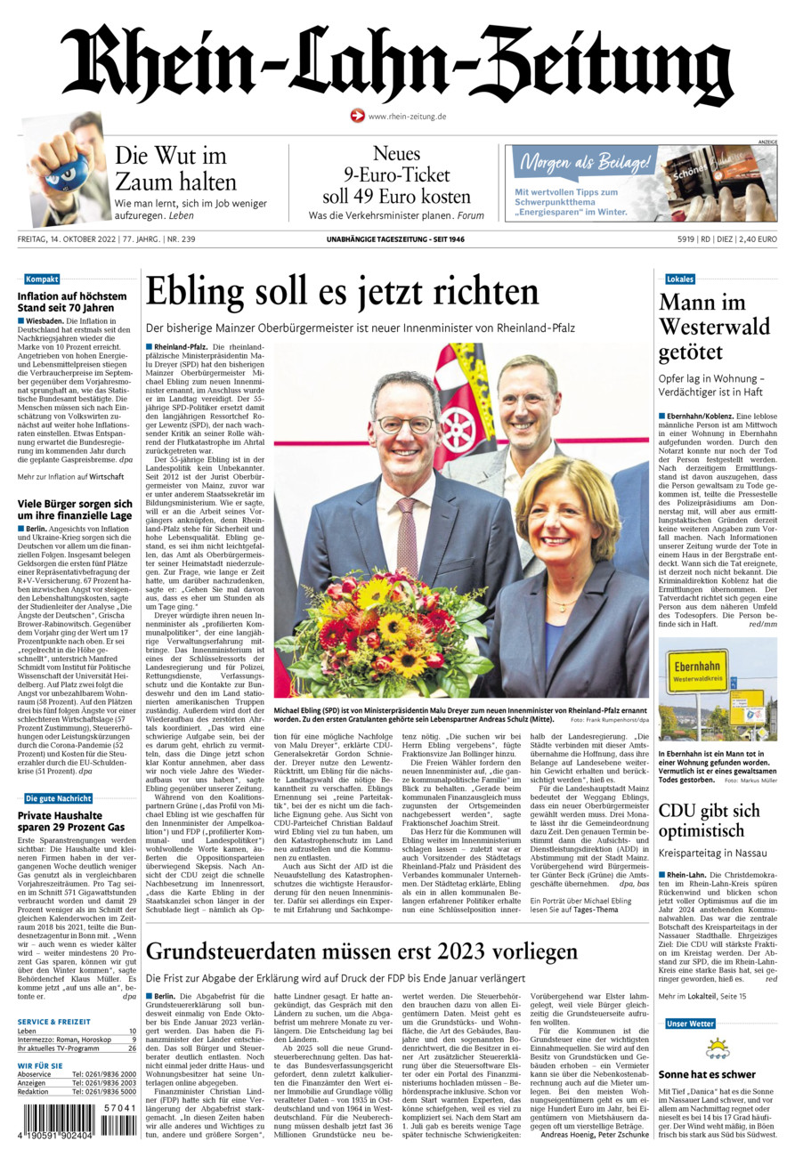 Rhein-Lahn-Zeitung Diez (Archiv) vom Freitag, 14.10.2022