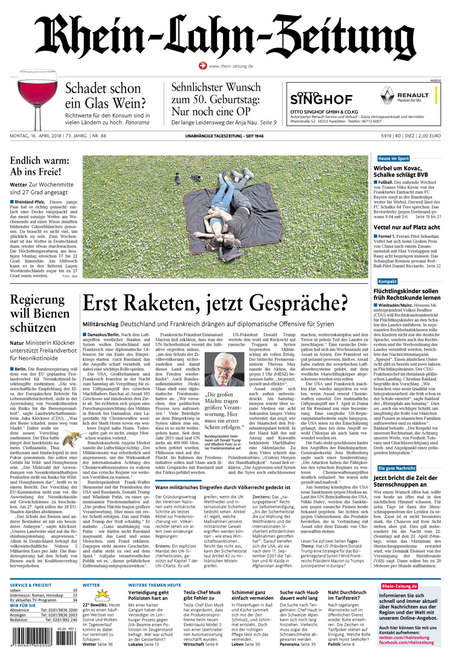 Rhein-Lahn-Zeitung Diez (Archiv) vom Montag, 16.04.2018