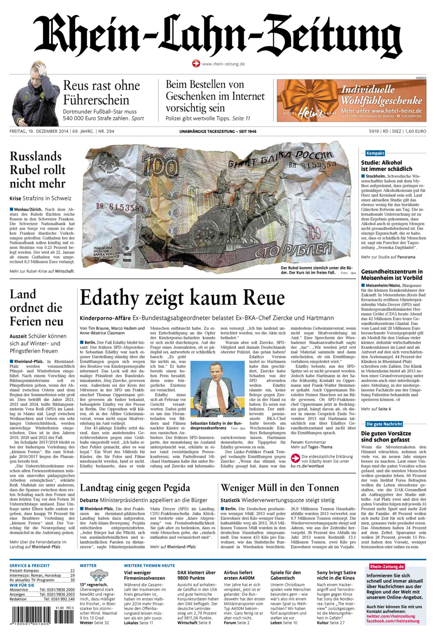 Rhein-Lahn-Zeitung Diez (Archiv) vom Freitag, 19.12.2014