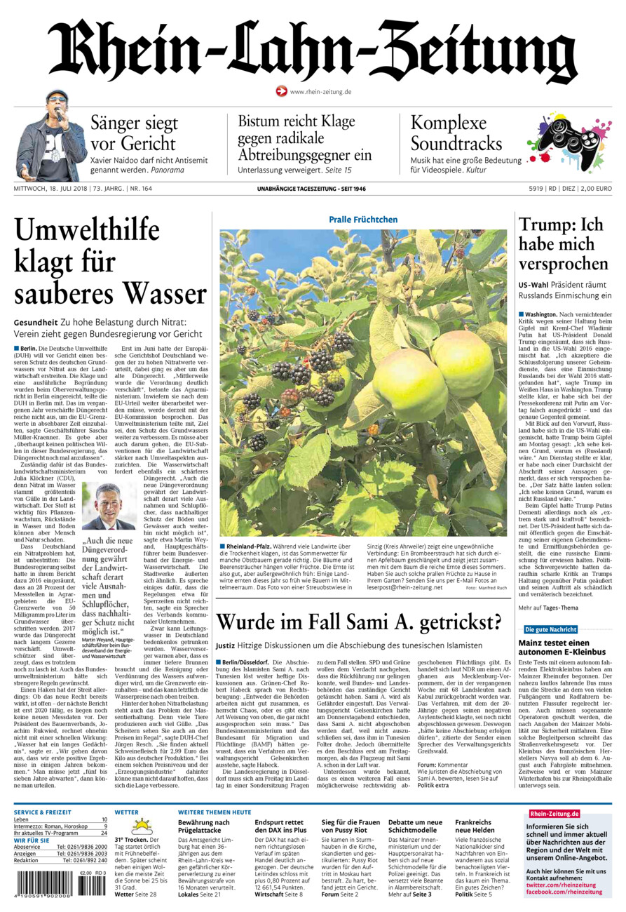 Rhein-Lahn-Zeitung Diez (Archiv) vom Mittwoch, 18.07.2018