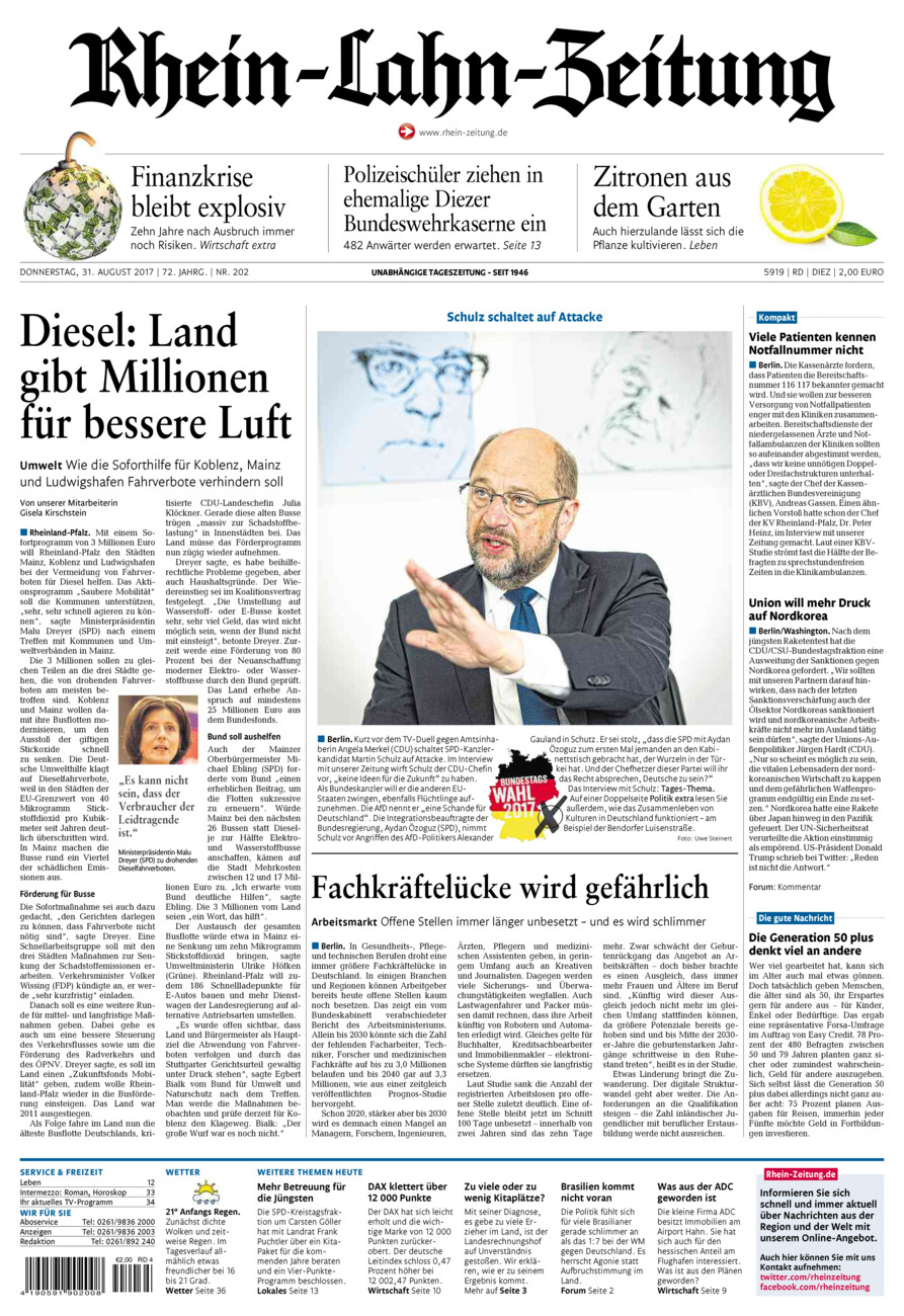 Rhein-Lahn-Zeitung Diez (Archiv) vom Donnerstag, 31.08.2017