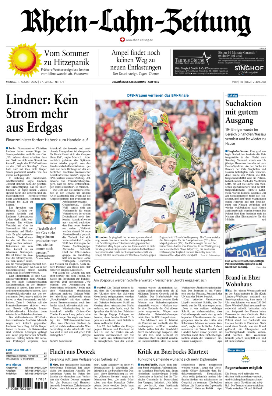 Rhein-Lahn-Zeitung Diez (Archiv) vom Montag, 01.08.2022