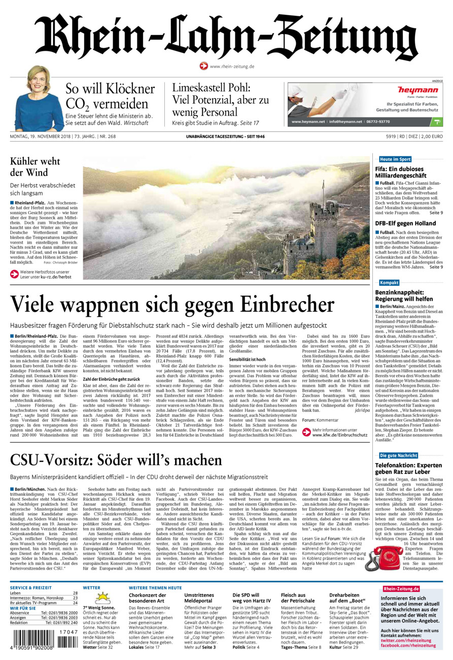 Rhein-Lahn-Zeitung Diez (Archiv) vom Montag, 19.11.2018