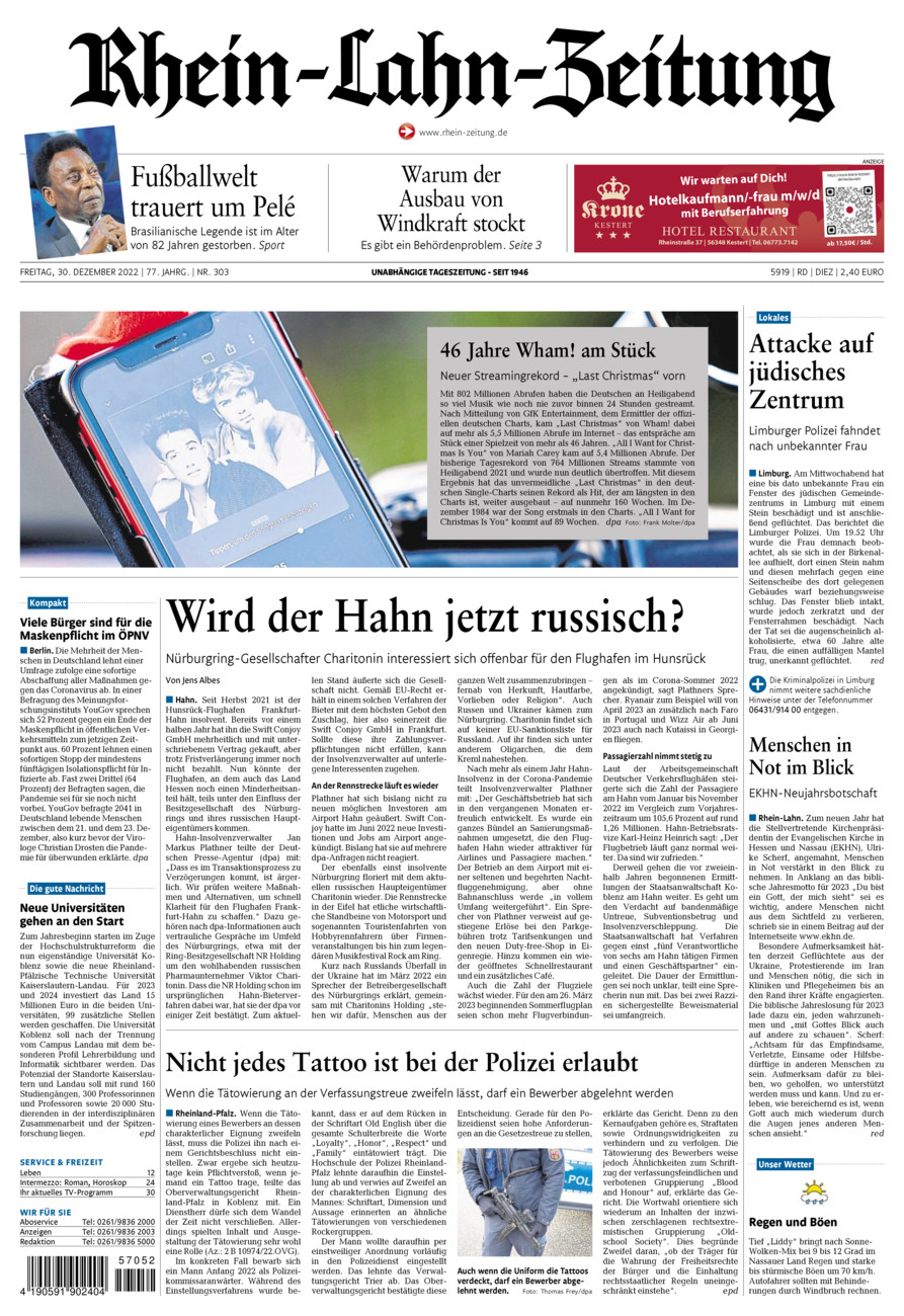 Rhein-Lahn-Zeitung Diez (Archiv) vom Freitag, 30.12.2022