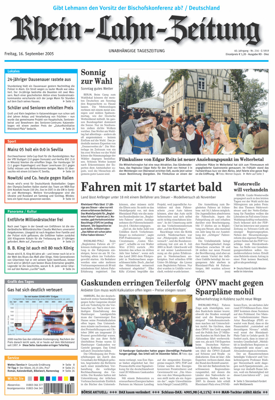 Rhein-Lahn-Zeitung Diez (Archiv) vom Freitag, 16.09.2005