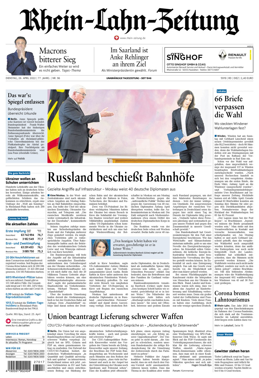 Rhein-Lahn-Zeitung Diez (Archiv) vom Dienstag, 26.04.2022
