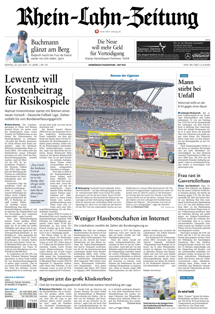 Rhein-Lahn-Zeitung Diez (Archiv) vom Montag, 22.07.2019