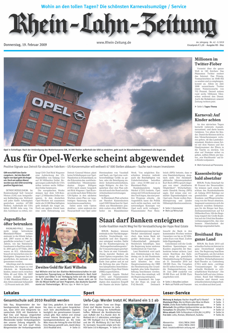 Rhein-Lahn-Zeitung Diez (Archiv) vom Donnerstag, 19.02.2009