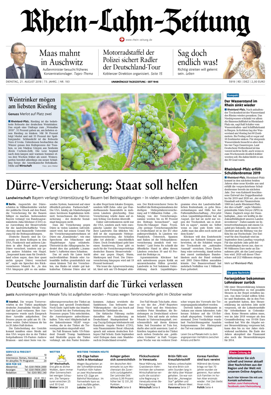 Rhein-Lahn-Zeitung Diez (Archiv) vom Dienstag, 21.08.2018