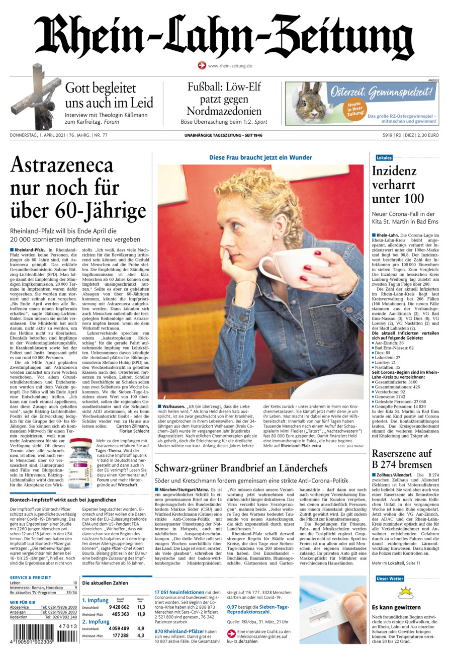 Rhein-Lahn-Zeitung Diez (Archiv) vom Donnerstag, 01.04.2021