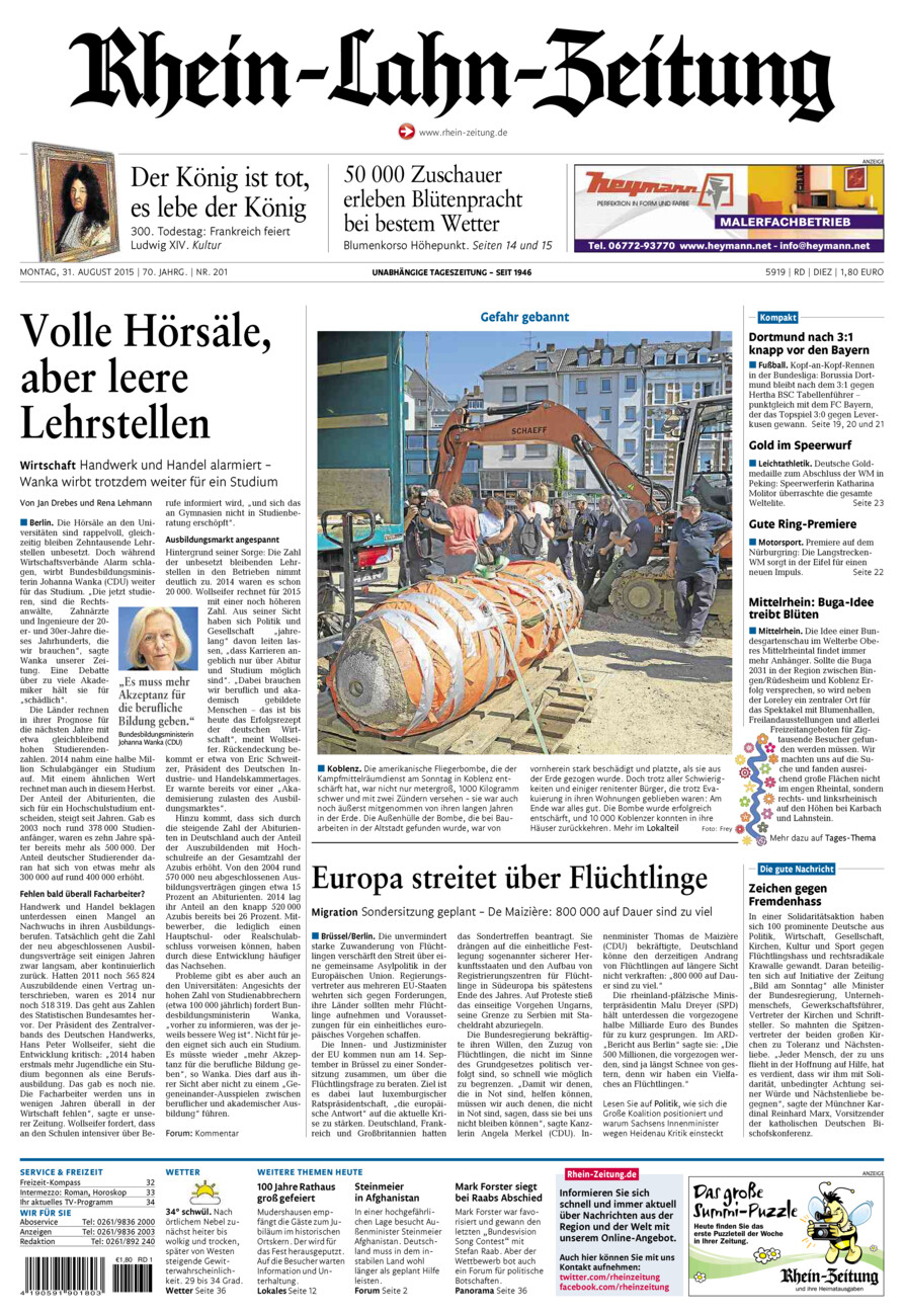 Rhein-Lahn-Zeitung Diez (Archiv) vom Montag, 31.08.2015