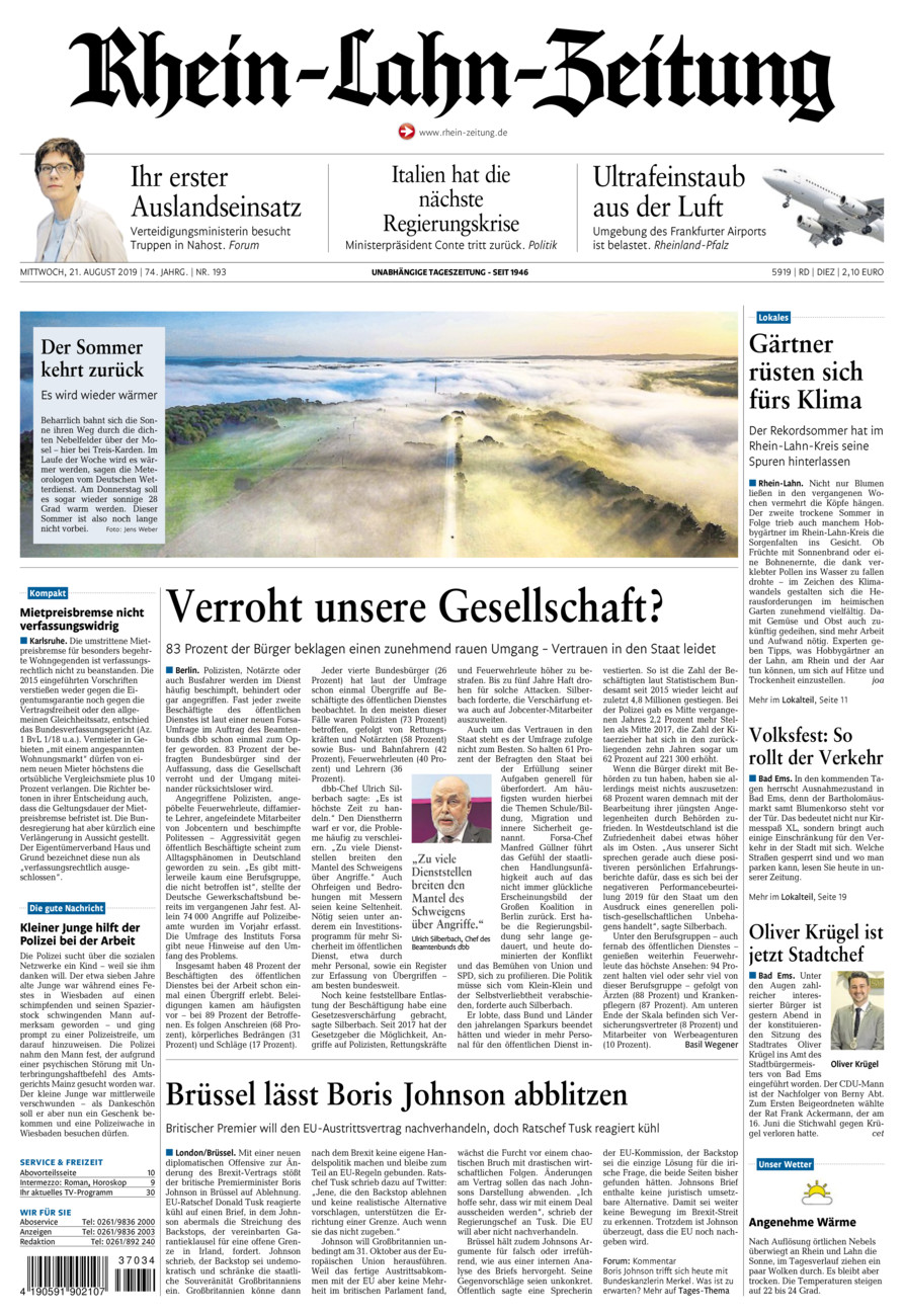 Rhein-Lahn-Zeitung Diez (Archiv) vom Mittwoch, 21.08.2019