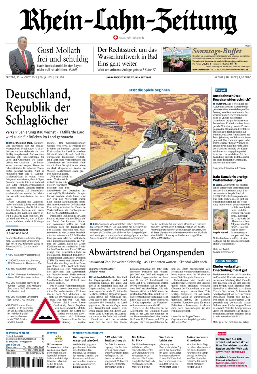Rhein-Lahn-Zeitung Diez (Archiv) vom Freitag, 15.08.2014