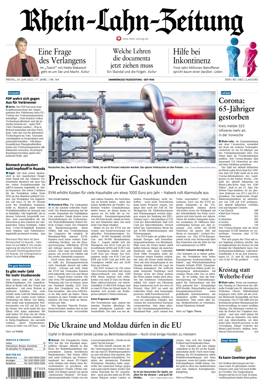 Rhein-Lahn-Zeitung Diez (Archiv) vom Freitag, 24.06.2022