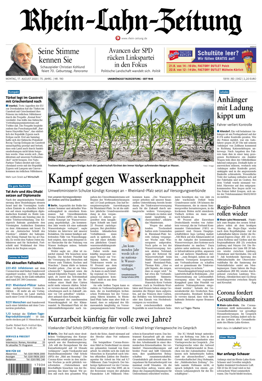 Rhein-Lahn-Zeitung Diez (Archiv) vom Montag, 17.08.2020