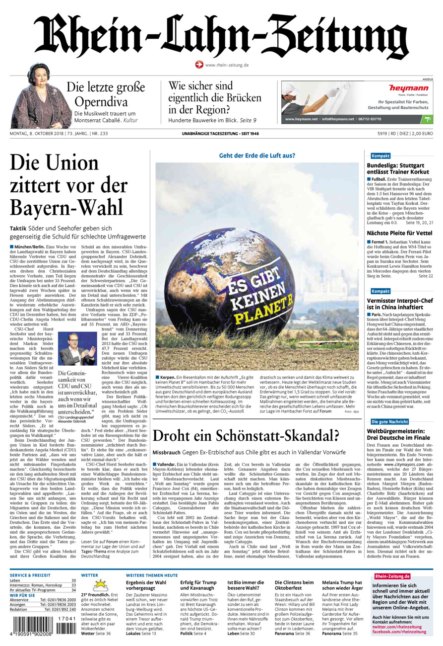 Rhein-Lahn-Zeitung Diez (Archiv) vom Montag, 08.10.2018