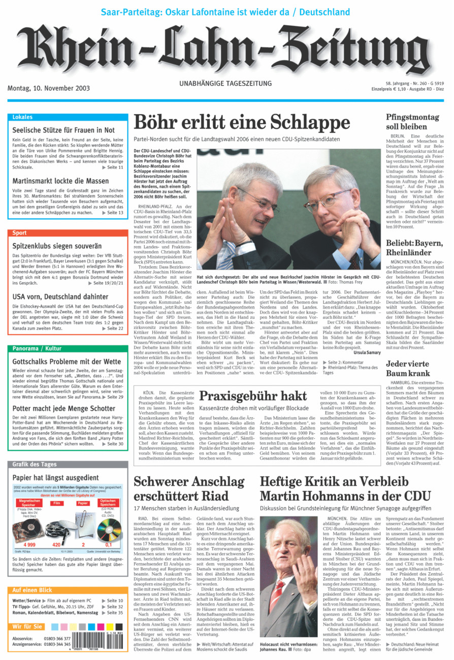 Rhein-Lahn-Zeitung Diez (Archiv) vom Montag, 10.11.2003
